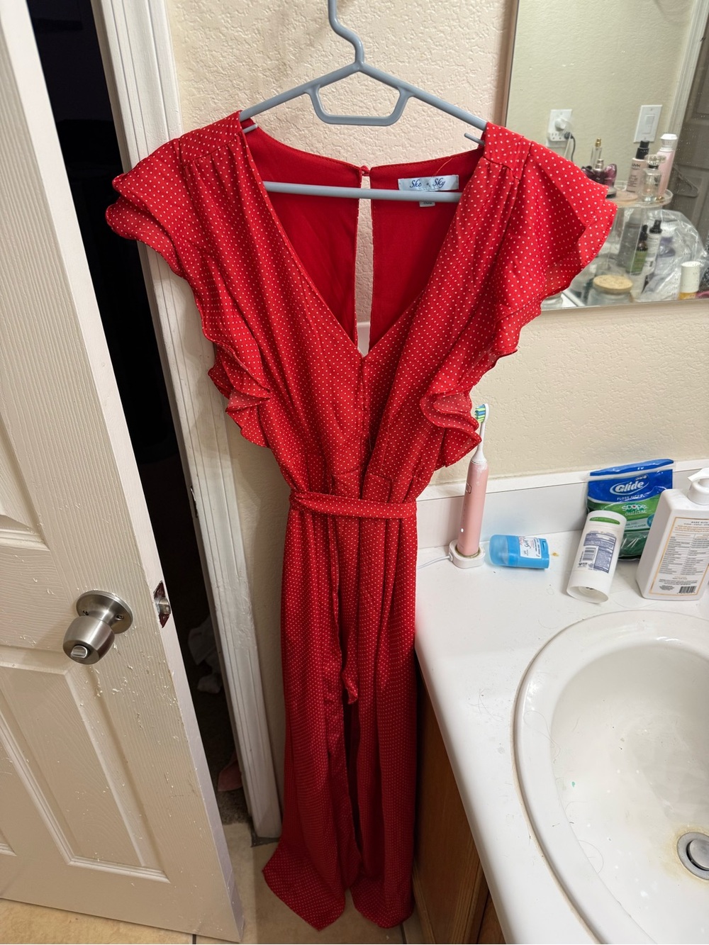 She + Sky Red Polka Dot Maxi Dress with Ruffle Sleeves